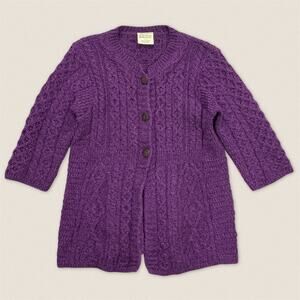 Merino Wool Purple Cardigan‎ Sweater Cable Knit Ireland Irish Kilronan Medium